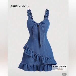 SHEIN Denim Blue Bow Mini Dress